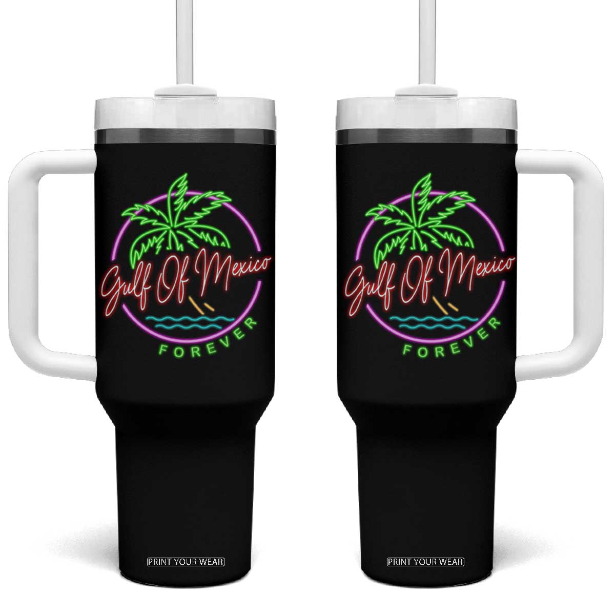 Gulf Of Mexico Forever Tumbler With Handle Beach Coconut Palm Tree Neon Light TS11 One Size: 40 oz Black Print Your Wear