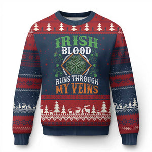 Funny Irish Blood Runs Through My Veins Ugly Christmas Sweater Irish Pride Shamrock TS11 Navy Red Print Your Wear