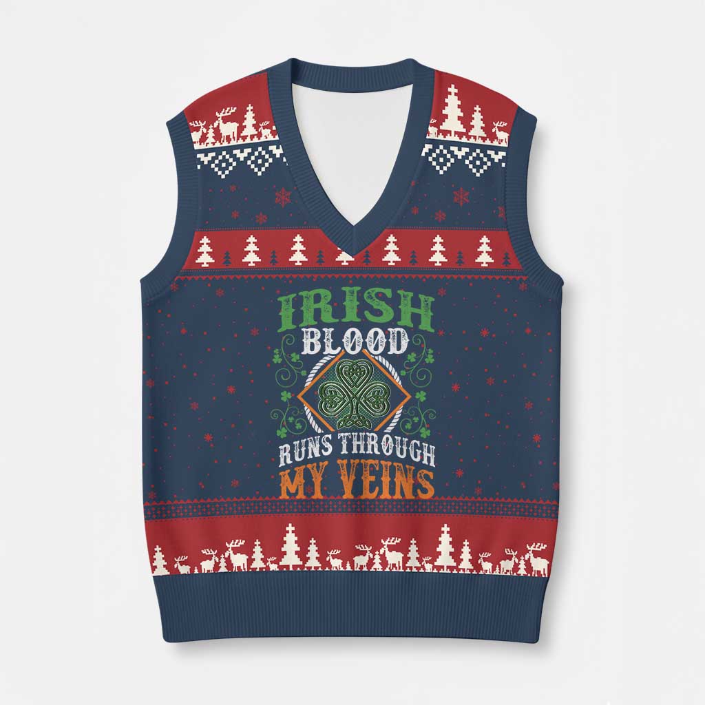 Funny Irish Blood Runs Through My Veins V-Neck Knit Sweater Vest Irish Pride Shamrock TS11 Navy Red Print Your Wear