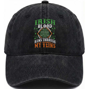 Funny Irish Blood Runs Through My Veins Washed Cotton Baseball Cap Irish Pride Shamrock TS11 Print Your Wear