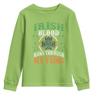 Funny Irish Blood Runs Through My Veins Youth Sweatshirt Irish Pride Shamrock TS11 Lime Print Your Wear
