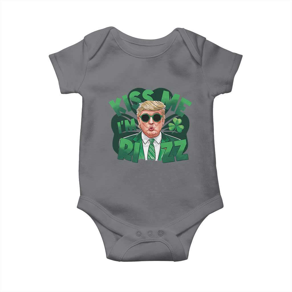 Funny Trump St Patrick's Day Baby Onesie Kiss Me I'm Rizz Shamrock TS11 Charcoal Print Your Wear