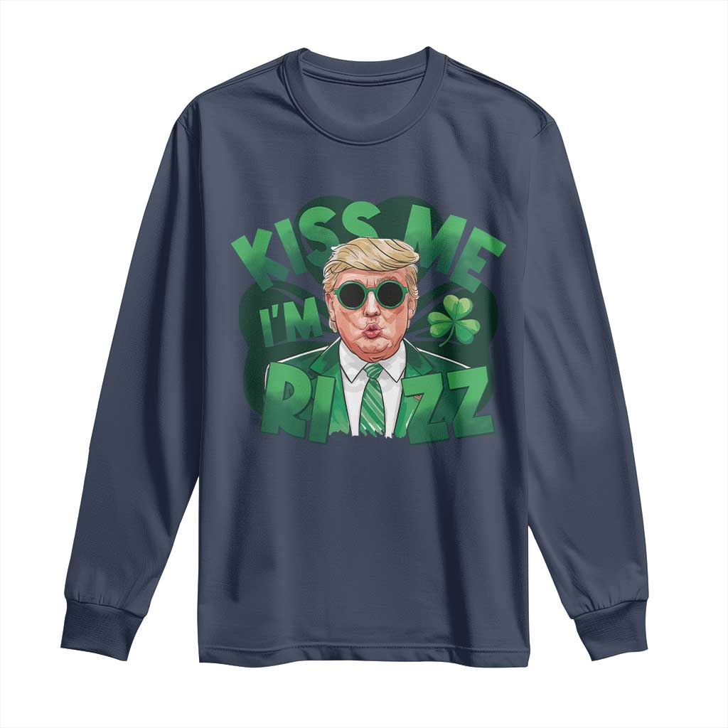 Funny Trump St Patrick's Day Long Sleeve Shirt Kiss Me I'm Rizz Shamrock TS11 Navy Print Your Wear