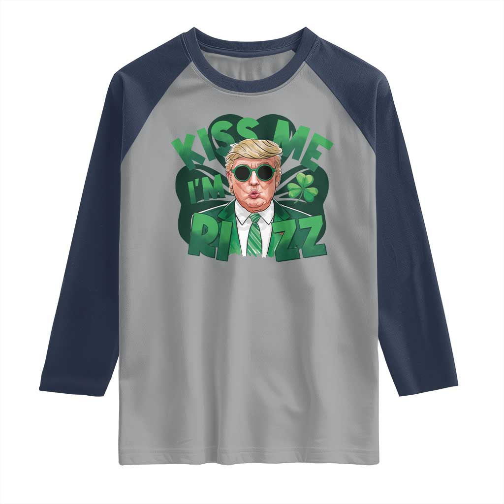 Funny Trump St Patrick's Day Raglan Shirt Kiss Me I'm Rizz Shamrock TS11 Sport Gray Navy Print Your Wear