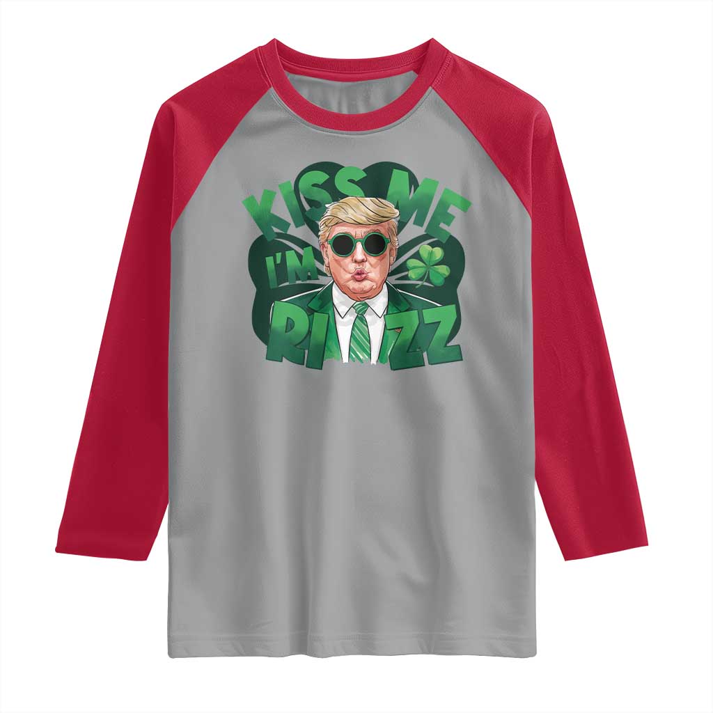 Funny Trump St Patrick's Day Raglan Shirt Kiss Me I'm Rizz Shamrock TS11 Sport Gray Red Print Your Wear