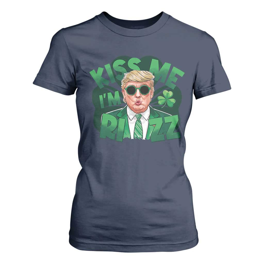 Funny Trump St Patrick's Day T Shirt For Women Kiss Me I'm Rizz Shamrock TS11 Navy Print Your Wear