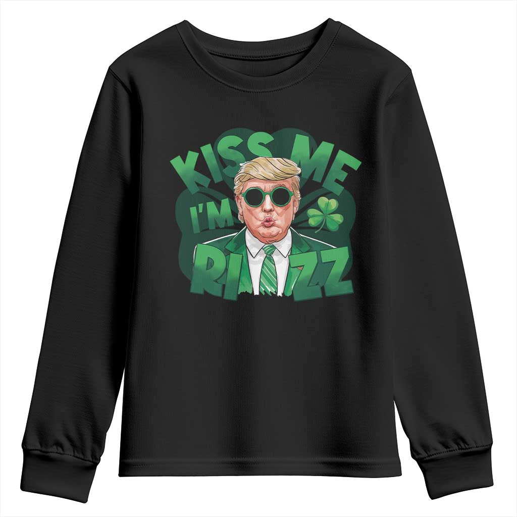 Funny Trump St Patrick's Day Youth Sweatshirt Kiss Me I'm Rizz Shamrock TS11 Black Print Your Wear