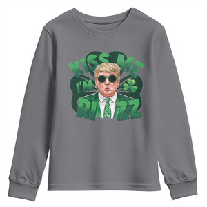 Funny Trump St Patrick's Day Youth Sweatshirt Kiss Me I'm Rizz Shamrock TS11 Charcoal Print Your Wear