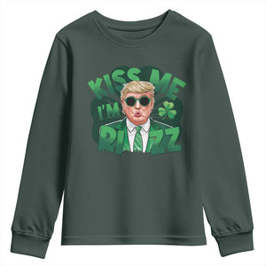 Funny Trump St Patrick's Day Youth Sweatshirt Kiss Me I'm Rizz Shamrock TS11 Dark Forest Green Print Your Wear