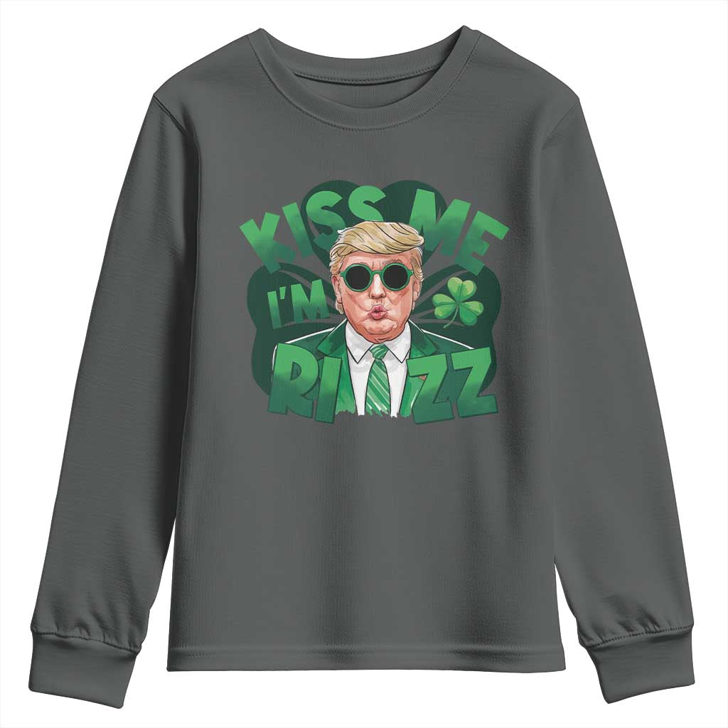 Funny Trump St Patrick's Day Youth Sweatshirt Kiss Me I'm Rizz Shamrock TS11 Dark Heather Print Your Wear