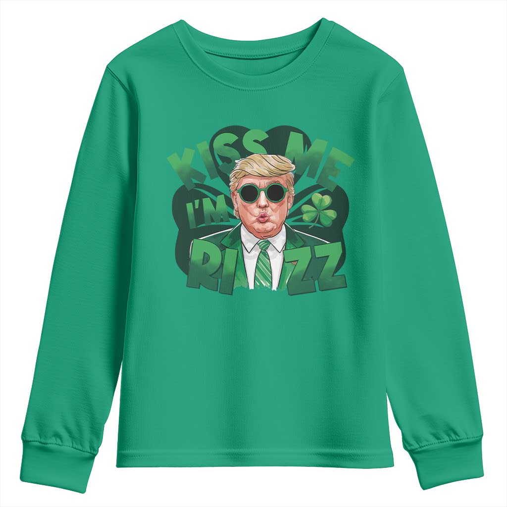 Funny Trump St Patrick's Day Youth Sweatshirt Kiss Me I'm Rizz Shamrock TS11 Irish Green Print Your Wear