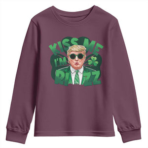 Funny Trump St Patrick's Day Youth Sweatshirt Kiss Me I'm Rizz Shamrock TS11 Maroon Print Your Wear