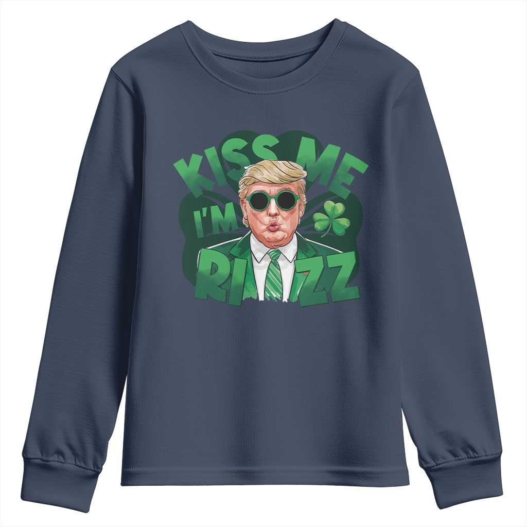 Funny Trump St Patrick's Day Youth Sweatshirt Kiss Me I'm Rizz Shamrock TS11 Navy Print Your Wear