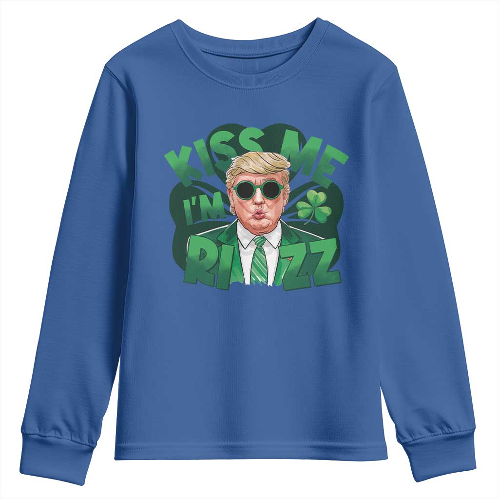 Funny Trump St Patrick's Day Youth Sweatshirt Kiss Me I'm Rizz Shamrock TS11 Royal Blue Print Your Wear