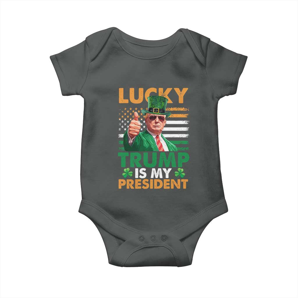 Funny Trump St Patrick's Day Baby Onesie Lucky Trump Is My President American Ireland Flag TS11 Dark Heather Print Your Wear