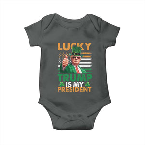 Funny Trump St Patrick's Day Baby Onesie Lucky Trump Is My President American Ireland Flag TS11 Dark Heather Print Your Wear