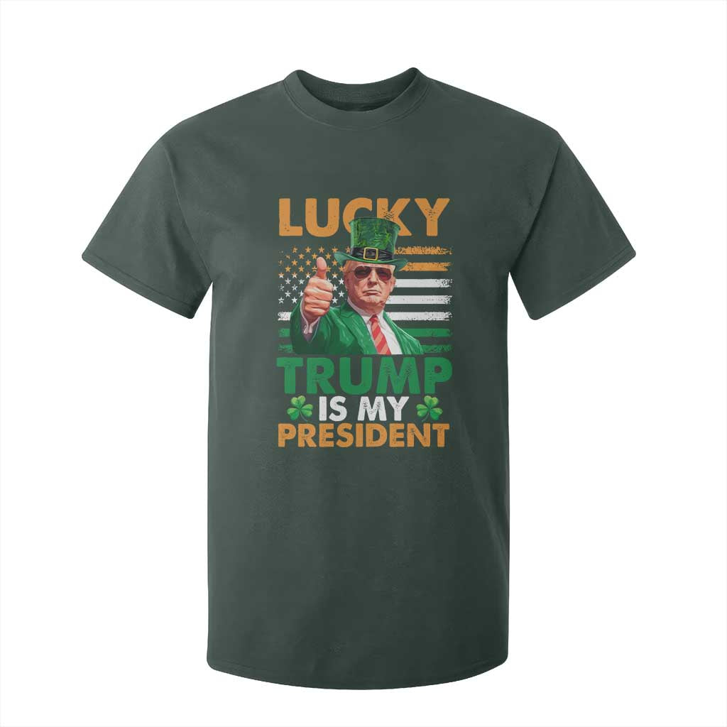 Funny Trump St Patrick's Day T Shirt For Kid Lucky Trump Is My President American Ireland Flag TS11 Dark Forest Green Print Your Wear