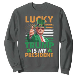 Funny Trump St Patrick's Day Sweatshirt Lucky Trump Is My President American Ireland Flag TS11 Dark Heather Print Your Wear