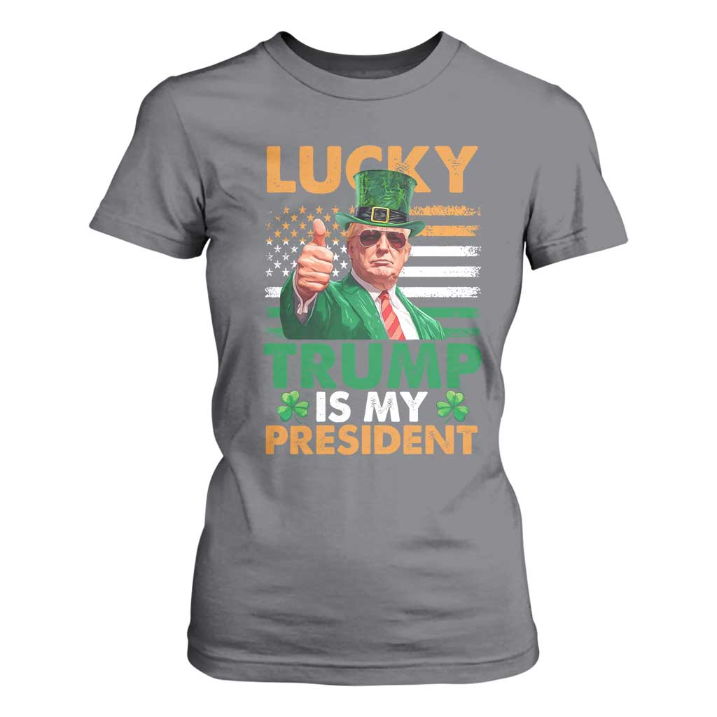 Funny Trump St Patrick's Day T Shirt For Women Lucky Trump Is My President American Ireland Flag TS11 Charcoal Print Your Wear