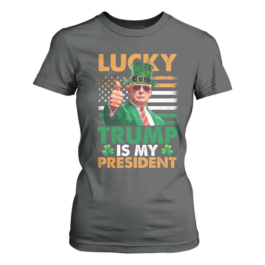 Funny Trump St Patrick's Day T Shirt For Women Lucky Trump Is My President American Ireland Flag TS11 Dark Heather Print Your Wear