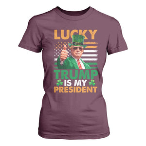 Funny Trump St Patrick's Day T Shirt For Women Lucky Trump Is My President American Ireland Flag TS11 Maroon Print Your Wear
