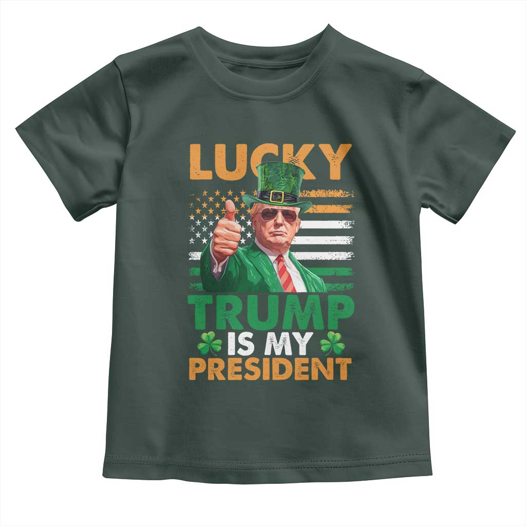 Funny Trump St Patrick's Day Toddler T Shirt Lucky Trump Is My President American Ireland Flag TS11 Dark Forest Green Print Your Wear