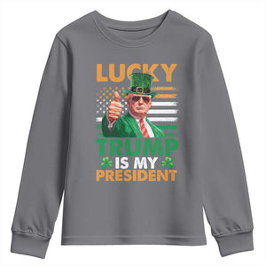 Funny Trump St Patrick's Day Youth Sweatshirt Lucky Trump Is My President American Ireland Flag TS11 Charcoal Print Your Wear