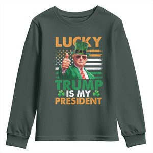 Funny Trump St Patrick's Day Youth Sweatshirt Lucky Trump Is My President American Ireland Flag TS11 Dark Forest Green Print Your Wear