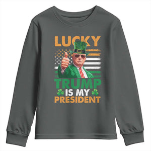 Funny Trump St Patrick's Day Youth Sweatshirt Lucky Trump Is My President American Ireland Flag TS11 Dark Heather Print Your Wear