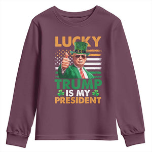 Funny Trump St Patrick's Day Youth Sweatshirt Lucky Trump Is My President American Ireland Flag TS11 Maroon Print Your Wear