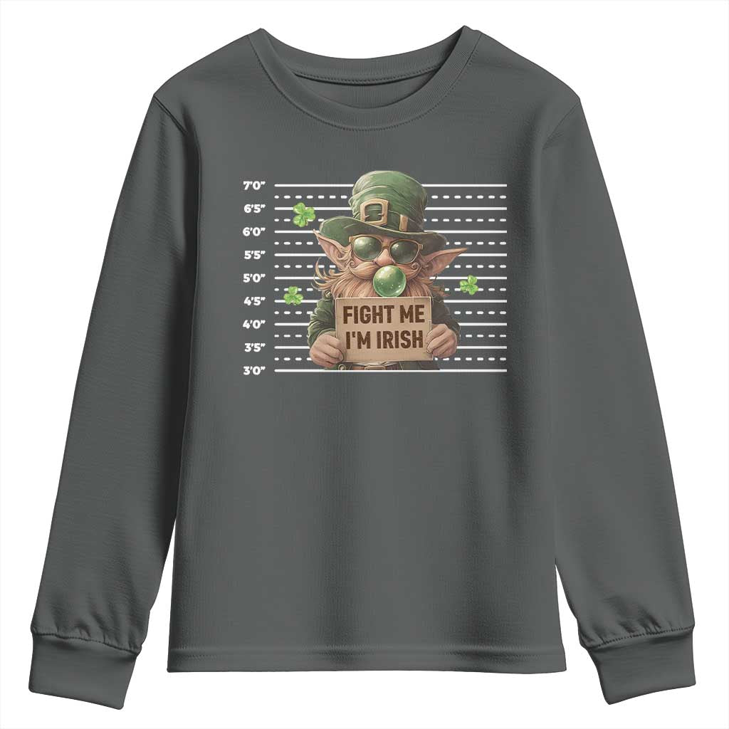 Funny Fight Me I'm Irish Youth Sweatshirt Leprechaun Mug Shot St Patrick's Day TS11 Dark Heather Print Your Wear