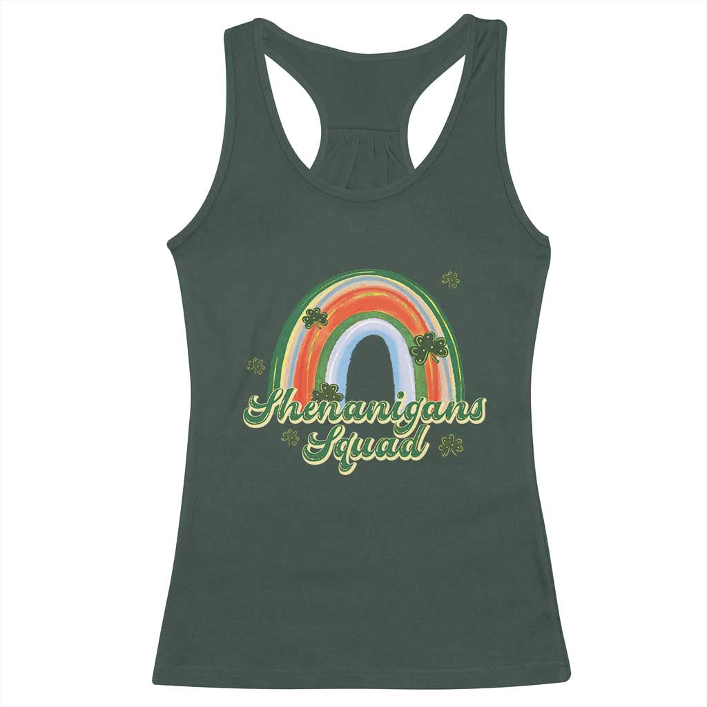 Funny St Patrick's Day Shenanigans Squad Racerback Tank Top Rainbow Shamrock TS11 Dark Forest Green Print Your Wear
