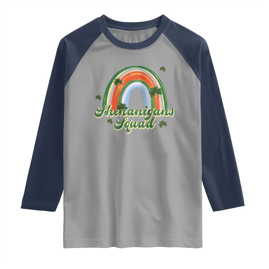 Funny St Patrick's Day Shenanigans Squad Raglan Shirt Rainbow Shamrock TS11 Sport Gray Navy Print Your Wear