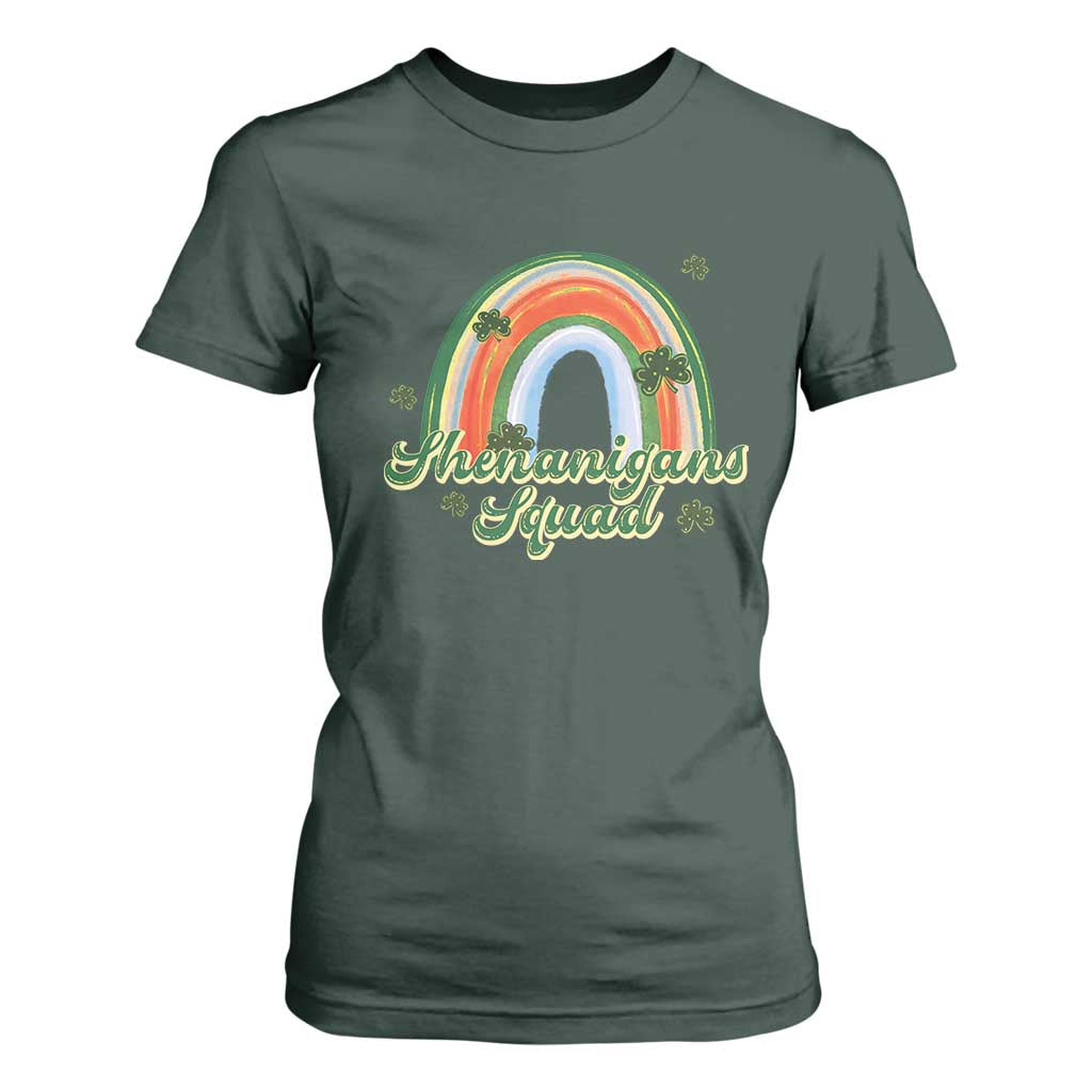 Funny St Patrick's Day Shenanigans Squad T Shirt For Women Rainbow Shamrock TS11 Dark Forest Green Print Your Wear