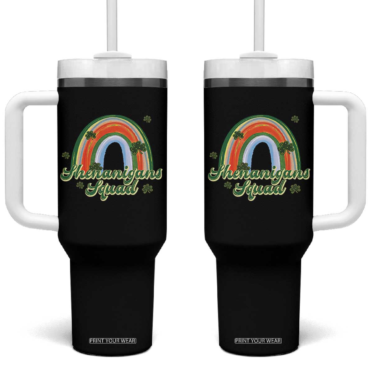 Funny St Patrick's Day Shenanigans Squad Tumbler With Handle Rainbow Shamrock TS11 One Size: 40 oz Black Print Your Wear