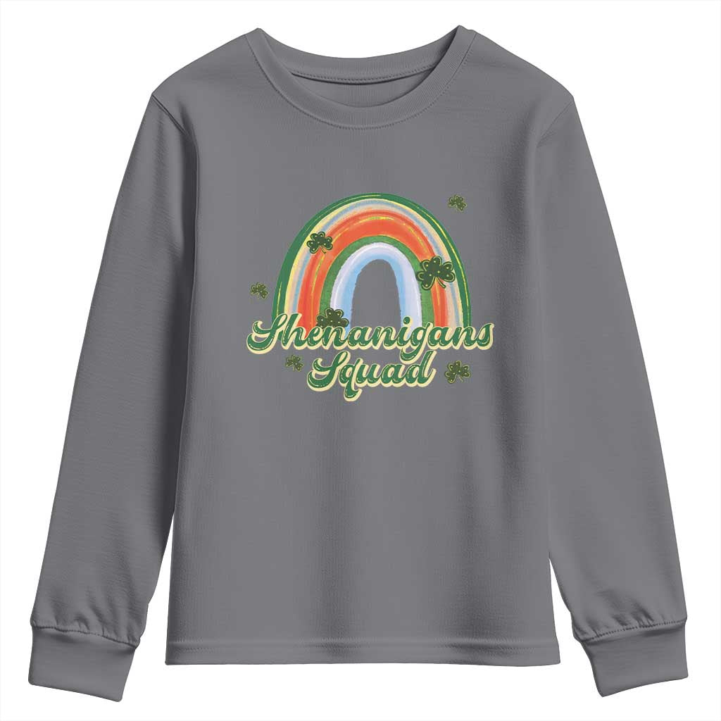 Funny St Patrick's Day Shenanigans Squad Youth Sweatshirt Rainbow Shamrock TS11 Charcoal Print Your Wear