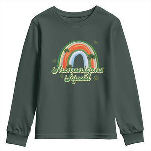 Funny St Patrick's Day Shenanigans Squad Youth Sweatshirt Rainbow Shamrock TS11 Dark Forest Green Print Your Wear