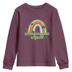 Funny St Patrick's Day Shenanigans Squad Youth Sweatshirt Rainbow Shamrock TS11 Maroon Print Your Wear