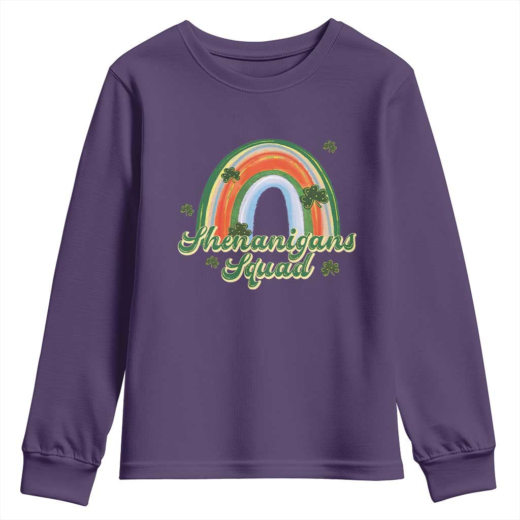 Funny St Patrick's Day Shenanigans Squad Youth Sweatshirt Rainbow Shamrock TS11 Purple Print Your Wear