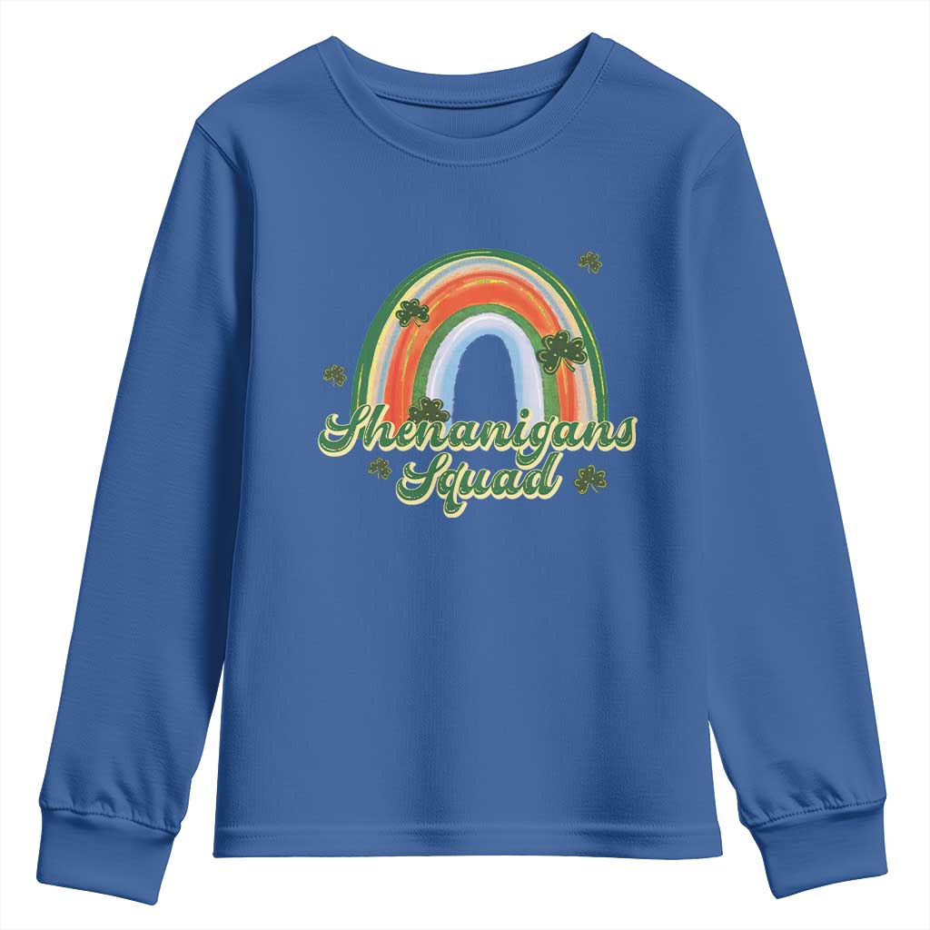 Funny St Patrick's Day Shenanigans Squad Youth Sweatshirt Rainbow Shamrock TS11 Royal Blue Print Your Wear