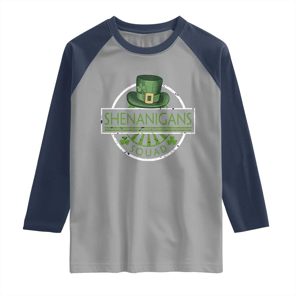 Funny St Patrick's Day Shenanigans Squad Raglan Shirt Shamrock TS11 Sport Gray Navy Print Your Wear