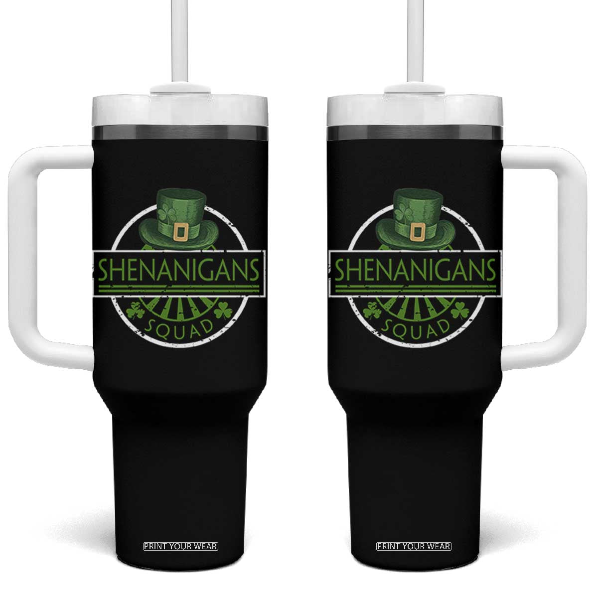 Funny St Patrick's Day Shenanigans Squad Tumbler With Handle Shamrock TS11 One Size: 40 oz Black Print Your Wear