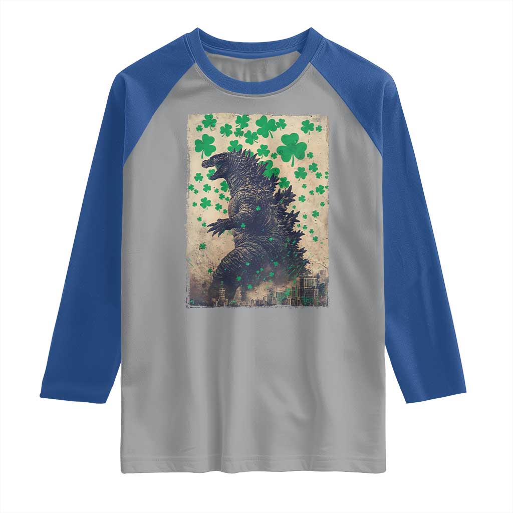 Funny St Patrick's Day Japanese Giant Monster Raglan Shirt Vintage Shamrock TS11 Sport Gray Royal Print Your Wear