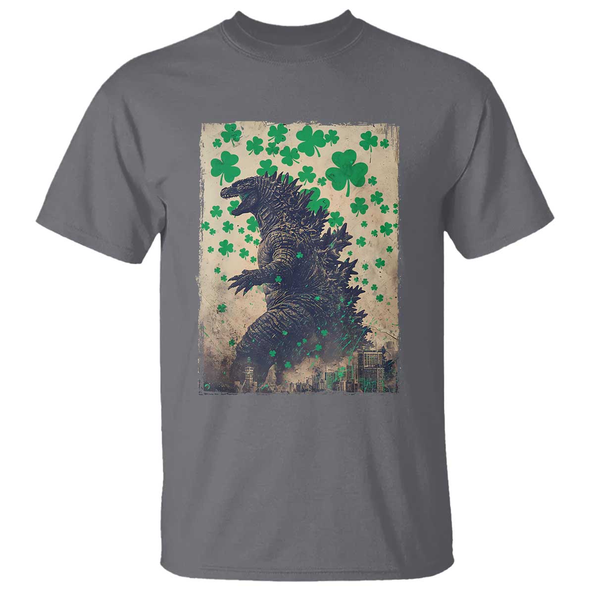 Funny St Patrick's Day Japanese Giant Monster T Shirt Vintage Shamrock TS11 Charcoal Print Your Wear