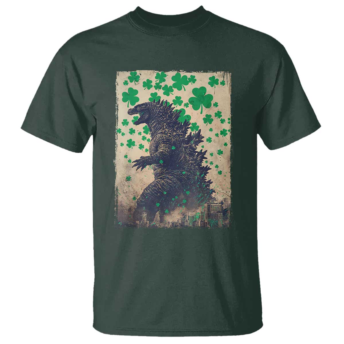 Funny St Patrick's Day Japanese Giant Monster T Shirt Vintage Shamrock TS11 Dark Forest Green Print Your Wear