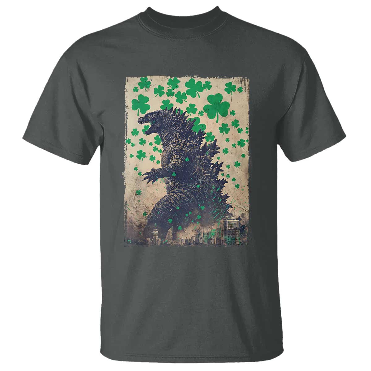 Funny St Patrick's Day Japanese Giant Monster T Shirt Vintage Shamrock TS11 Dark Heather Print Your Wear