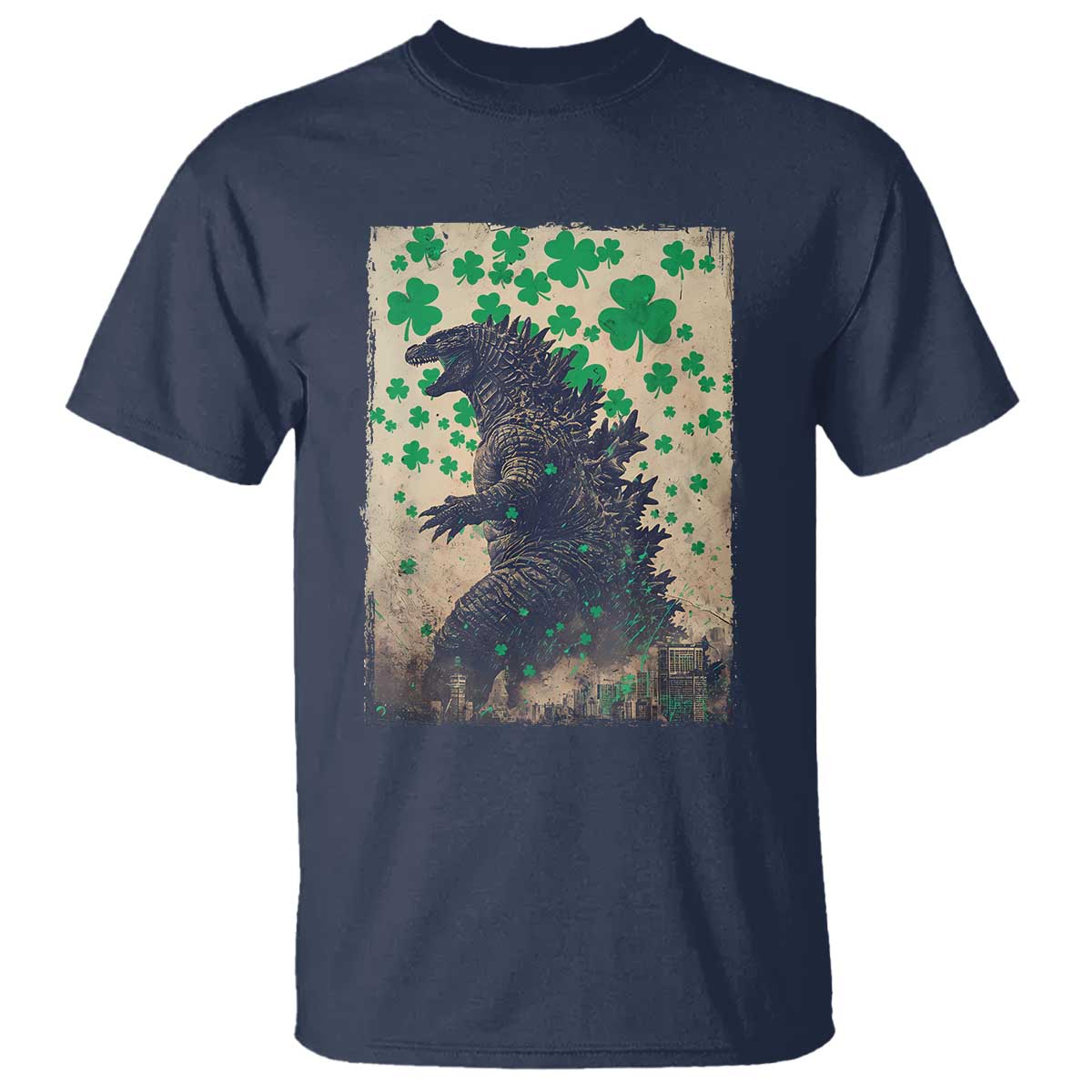 Funny St Patrick's Day Japanese Giant Monster T Shirt Vintage Shamrock TS11 Navy Print Your Wear