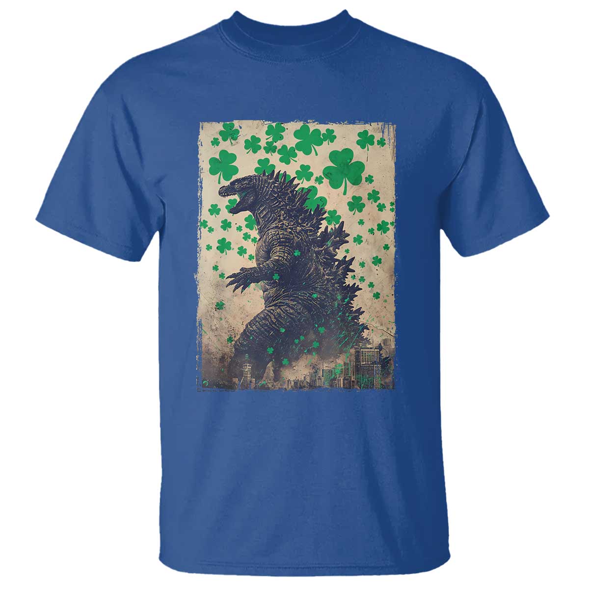 Funny St Patrick's Day Japanese Giant Monster T Shirt Vintage Shamrock TS11 Royal Blue Print Your Wear