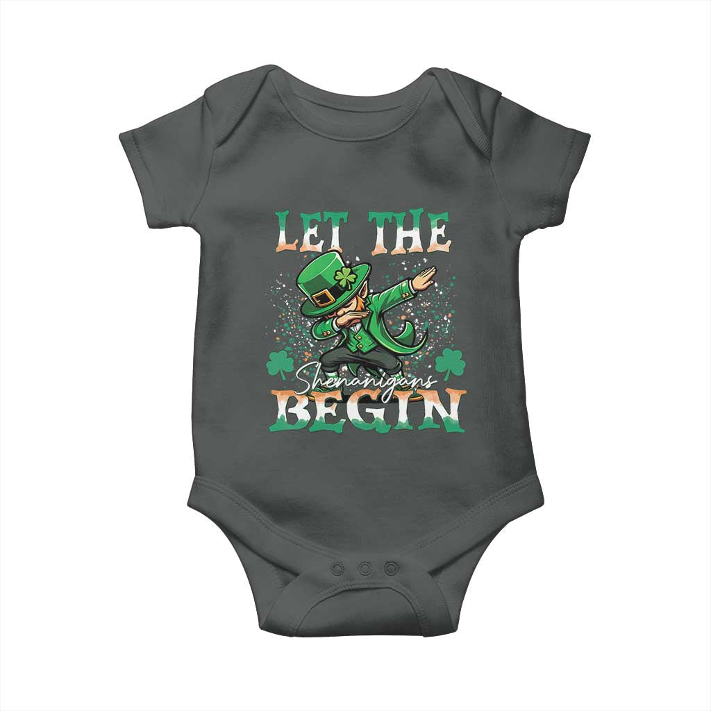 Funny Let The Shenanigans Begin Baby Onesie Dabbing Leprechaun St Patrick's Day TS11 Dark Heather Print Your Wear