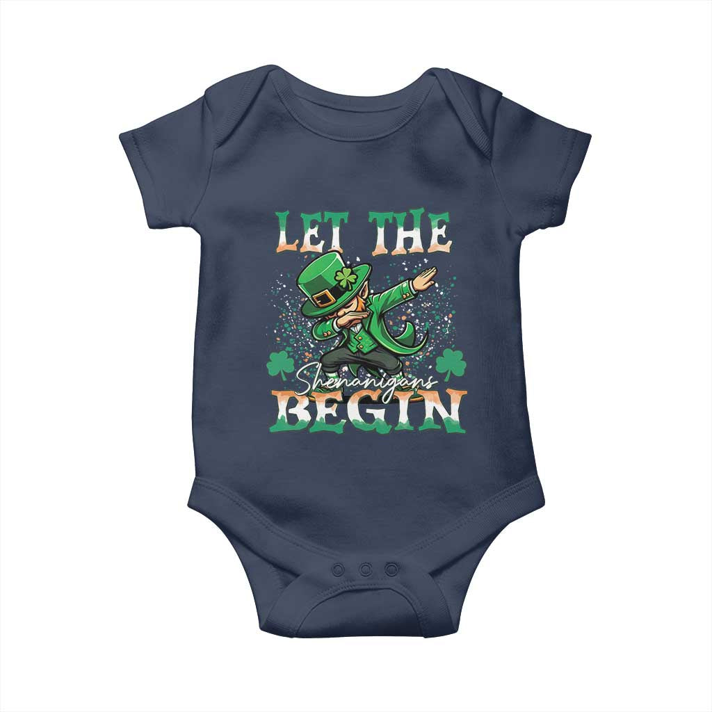 Funny Let The Shenanigans Begin Baby Onesie Dabbing Leprechaun St Patrick's Day TS11 Navy Print Your Wear